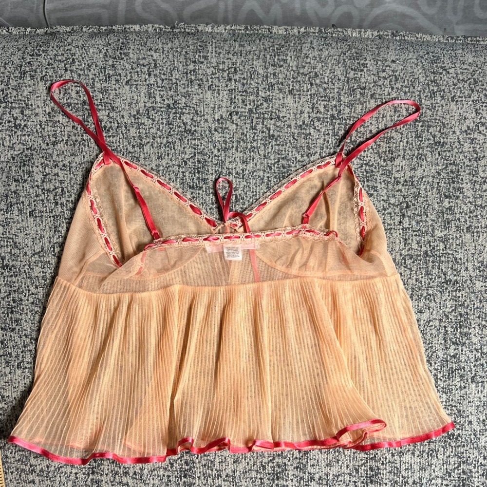 Victoria's Secret Sheer y2k Pleated Babydoll Cami Top‎ Peach Pink Lace Bow Small - Picture 3 of 4